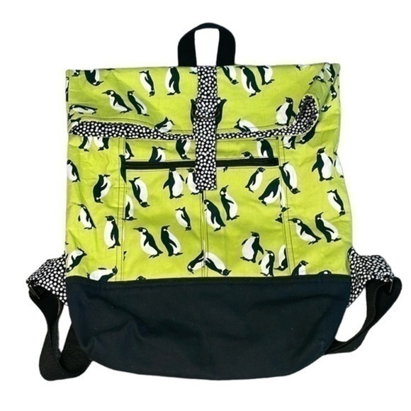 PENGUIN PRINT CANVAS BACKPACK BAG NEON YELLOW FOLD OVER TOP - Picture 1 of 8